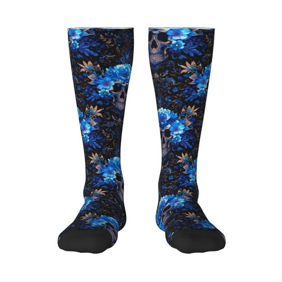 Xecao cool blue flower Skull print thigh-high socks, crafted for both men and women with a stretchy, high-opaque design perfect for daily wear