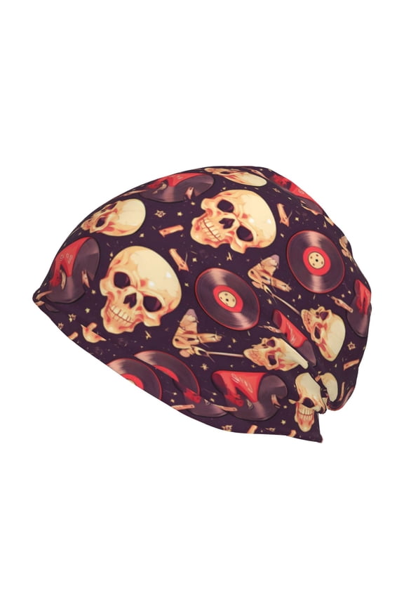 cool rock Skull record Print Knit Hat,Winter Beanie for Men Women, Beanie Soft Warm Ski Stocking Cuffed Cap