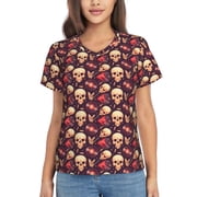 Xecao cool rock Skull record for Women's V-Neck T-Shirts-Elegant Half-Sleeve Tops Perfect for Summer-Medium