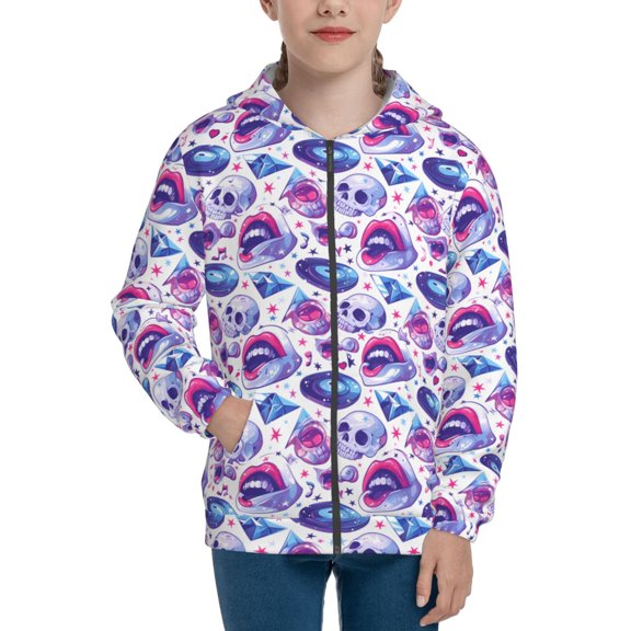 Xecao crystal Skull record lips Pattern Zip Up Hoodies for Boys Girls, Sweatshirt with Pockets-Small