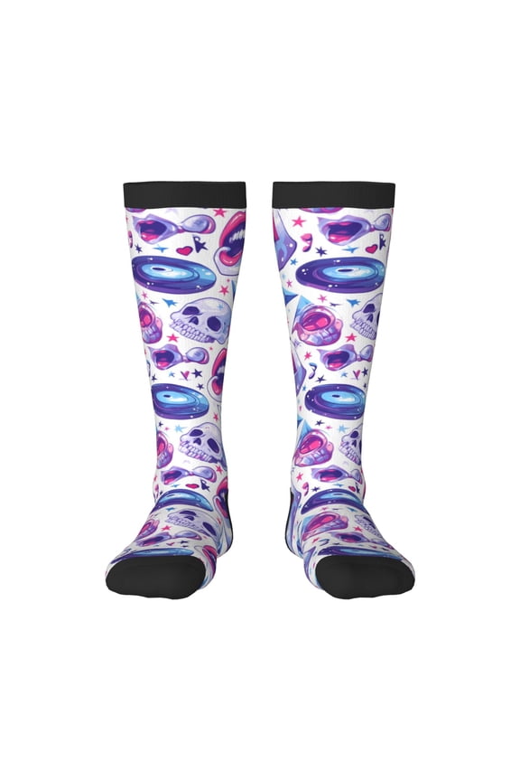 crystal Skull record lips print thigh-high socks, crafted for both men and women with a stretchy, high-opaque design perfect for daily wear