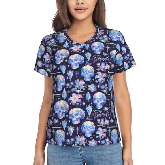 Xecao crystal cool Skull flower for Women's V-Neck T-Shirts-Elegant Half-Sleeve Tops Perfect for Summer-Large