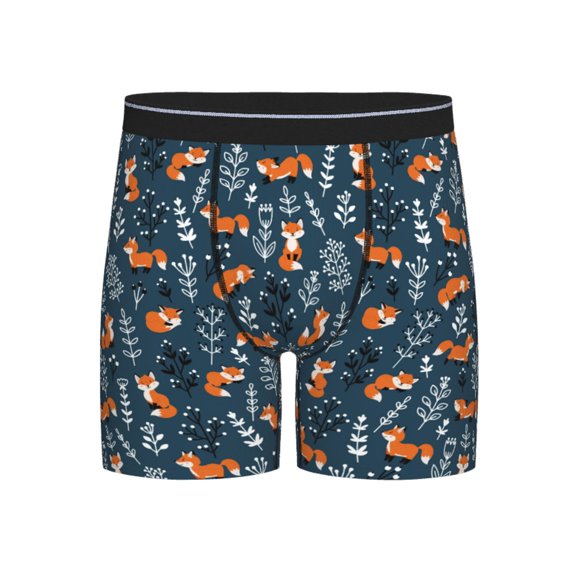 Xecao Playful Foxes Forest Blues Print Boxer Briefs for Men's Stretch Moisture-Wicking Underwear, Mid-Rise Classics breathable fabric
