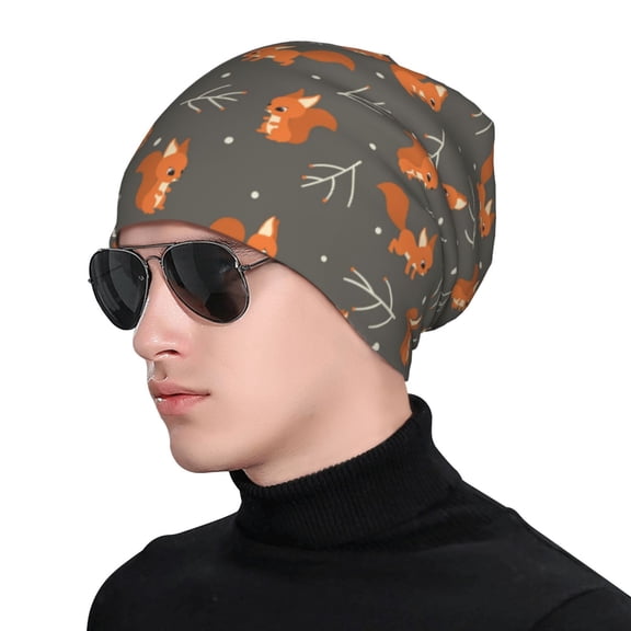 Xecao cute fall fox leaf Print Beanie Knitted Hat for Men Women, Winter Fashion Knit Cuffed Caps Unisex