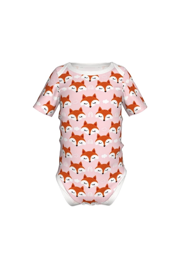 cute fox pink Pattern Baby Climbing Bodysuit Short Sleeve Onesie Unisex 0-12 Months Baby Shirt Newborn Outfits Crotch snap design-