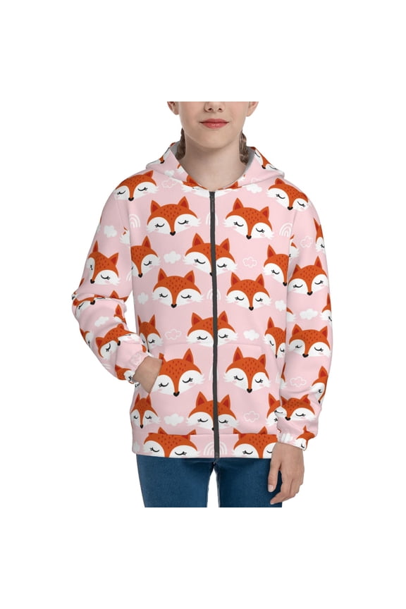cute fox pink Pattern Zip Up Hoodies for Boys Girls, Sweatshirt with Pockets-Medium