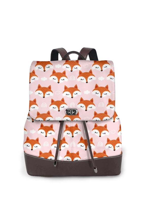 cute fox pink Print Large Backpack Soft Leather for Women Travel with Compartment, Adjustable Convertible Strap