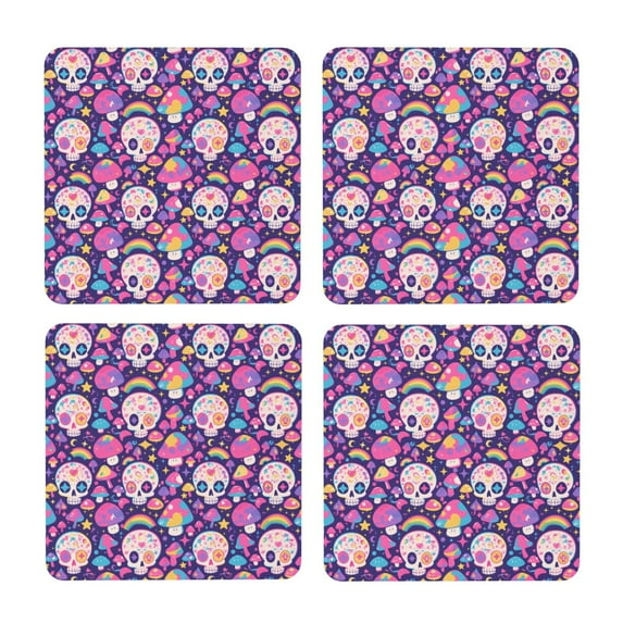 Xecao cute rainbow mushroom Skull for MDF Cork Coaster 4 Pcs,Drink Coasters,Suit for House Warming Gifts New Home ,Coffee Table Decor-Square