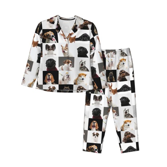 Xecao dogs pets collage Print Women Pajamas Set Soft Sleepwear Pjs long Sleeve Button Down Nightwear with Long Pants-XX-Large