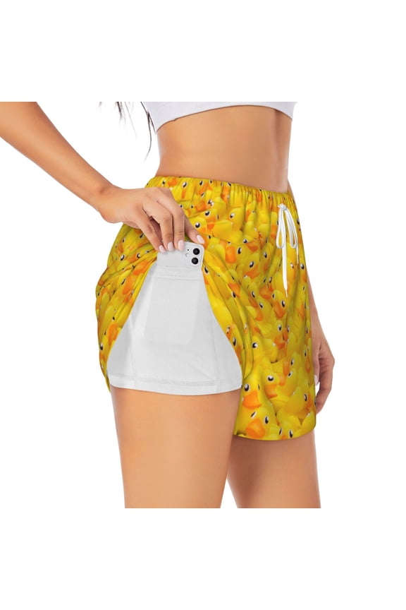 duck floating in the pool Double-Layer Running Shorts for Women, Perfect for Gym, Tennis, and More, Featuring a Convenient Pocket-Small