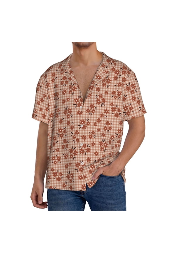 fall flower plaid Men's Casual Short-sleeved Shirt, a button-up collared shirt with a pocket-4X-Large