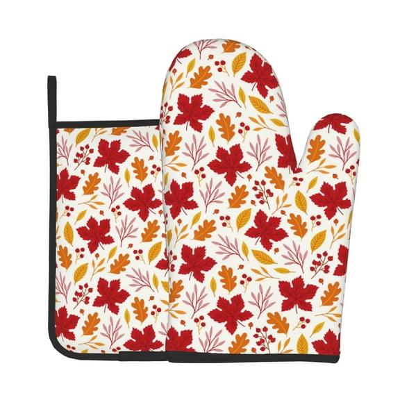 Xecao fall laef Maple Pattern Oven Mitts and Pot Holders Sets Heat Resistant Silicone Oven Mittens Extra Thicken Long Kitchen Cotton Oven Glove for Cooking