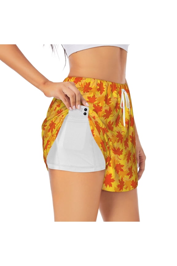 fall retro maple leaf for Double-layer Running Short for Women, Perfect for Gym, Tennis, and More, Featuring a Convenient Pocket-Large