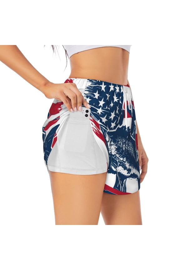 fisherman fishing with USA flag Double-Layer Running Shorts for Women, Perfect for Gym, Tennis, and More, Featuring a Convenient Pocket-Medium