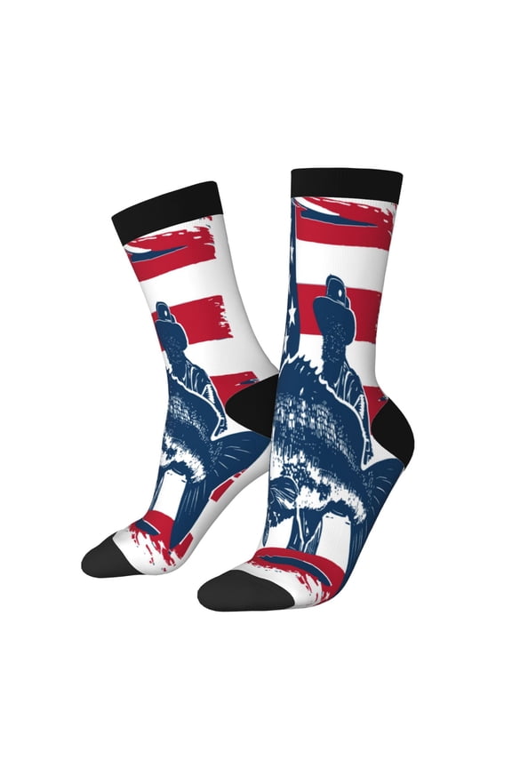 fisherman fishing with USA flag Pattern Sport Socks for Women and Men Crew Socks Sporty Calf Socks Casual Socks