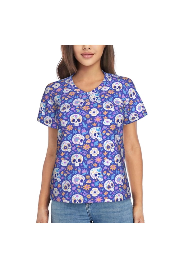 flower Skull cartoon for Women's V-Neck T-Shirts-Elegant Half-Sleeve Tops Perfect for Summer-X-Large