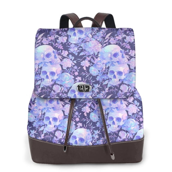 Xecao flower crystal Skull Print Large Backpack Soft Leather for Women Travel with Compartment, Adjustable Convertible Strap