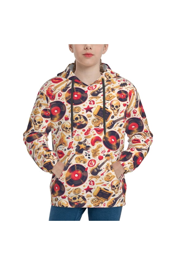 gold Skull Guitar record Print Youth Hoodie Sweatshirt,Boys Hoodies,Essentials Hoodie-Large