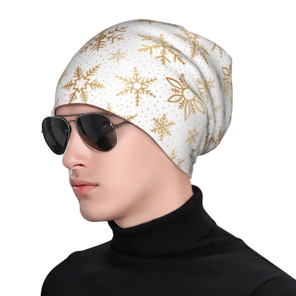 Xecao gold Snowflake print Print Beanie Knitted Hat for Men Women, Winter Fashion Knit Cuffed Caps Unisex