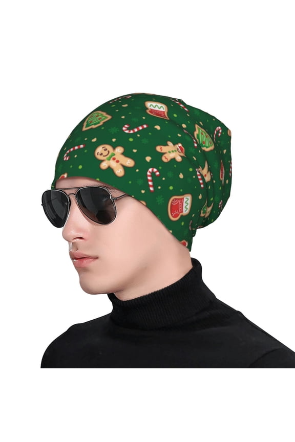 green Christmas Element Print Beanie Knitted Hat for Men Women, Winter Fashion Knit Cuffed Caps Unisex