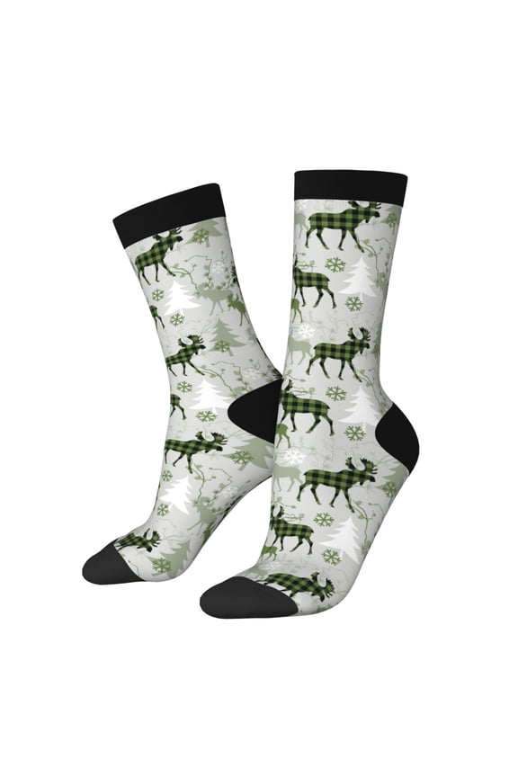 green plaid Moose tree Pattern Sport Socks for Women and Men Crew Socks Sporty Calf Socks Casual Socks