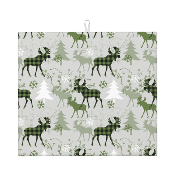 Xecao green plaid Moose tree Print Dish Drying Mat for Kitchen Counter,Absorbent Coffee Bar Mat, Dish Drainer Rack Mats,Dining Room Decoration