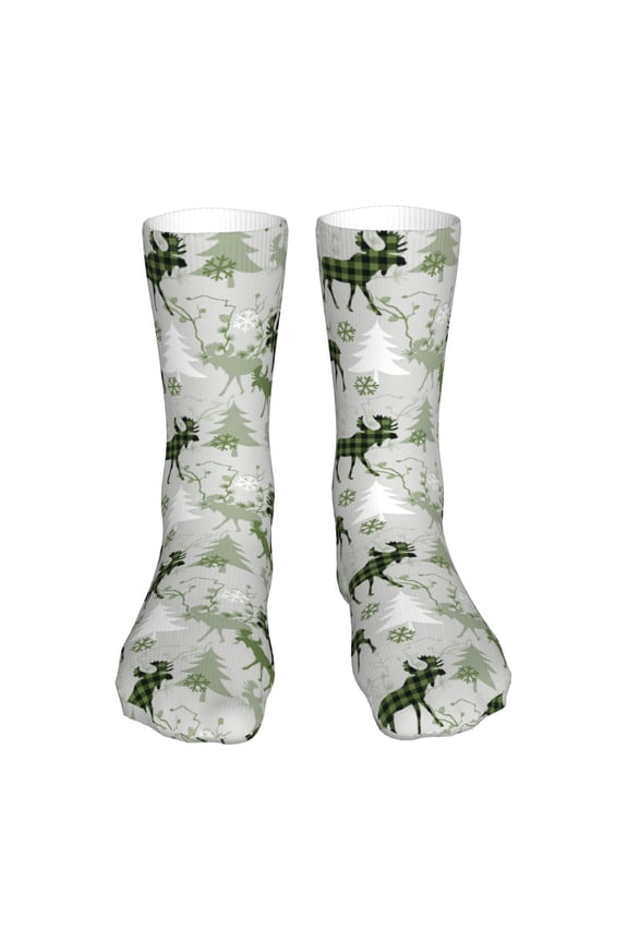 green plaid Moose tree Print Fashion No Heel Casual Crew Socks Cushioned Breathable for Men Women - Moisture wicking,Not easy to fade Suitable for daily
