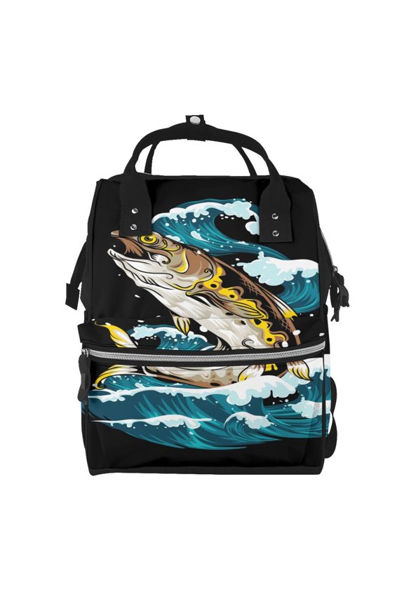 green salmon fish Print Large Capacity Nappy Bag Is a Multi-Functional Waterproof Travel Backpack, Perfect as a Nursing Bag or Mummy Backpack for Women