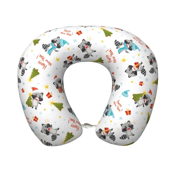 Xecao happy new year Raccoon Print Memory Foam Cervical Neck Pillow Versatile U-Shaped Pillows for Home,Office,Camping,Travelling,Soft Washable Cover