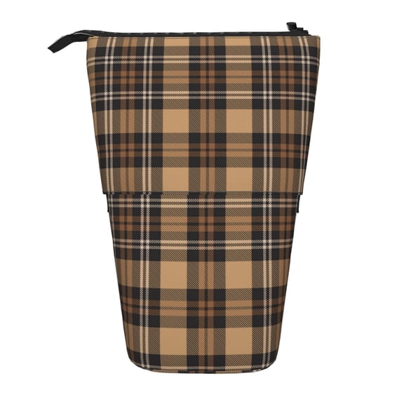 Xecao khaki coffee plaid Print Telescopic Pencil Bag Pen Holder Pop Up Stationery Case Stand-up Retractable Transformer Bag Standing Organizer