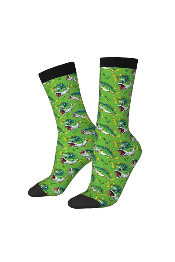 large mouth green color bass fish Pattern Sport Socks for Women and Men Crew Socks Sporty Calf Socks Casual Socks