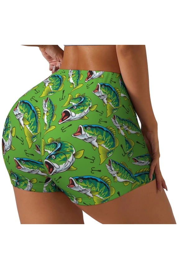 large mouth green color bass fish Print Workout Shorts for Women Soft Smooth Gym Yoga Scrunch Active Tennis Workout Running Shorts-Medium