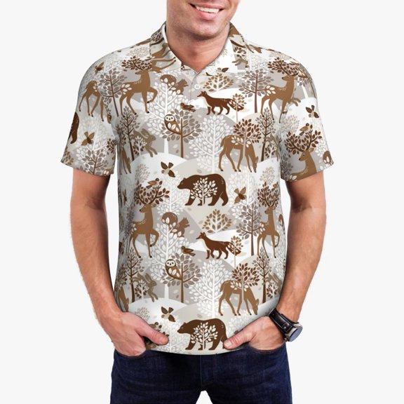 Xecao leaf Moose fox owls tree Mens' Casual Short Sleeve Button-Down Polo Shirts for a Classic Golf Shirts-Large