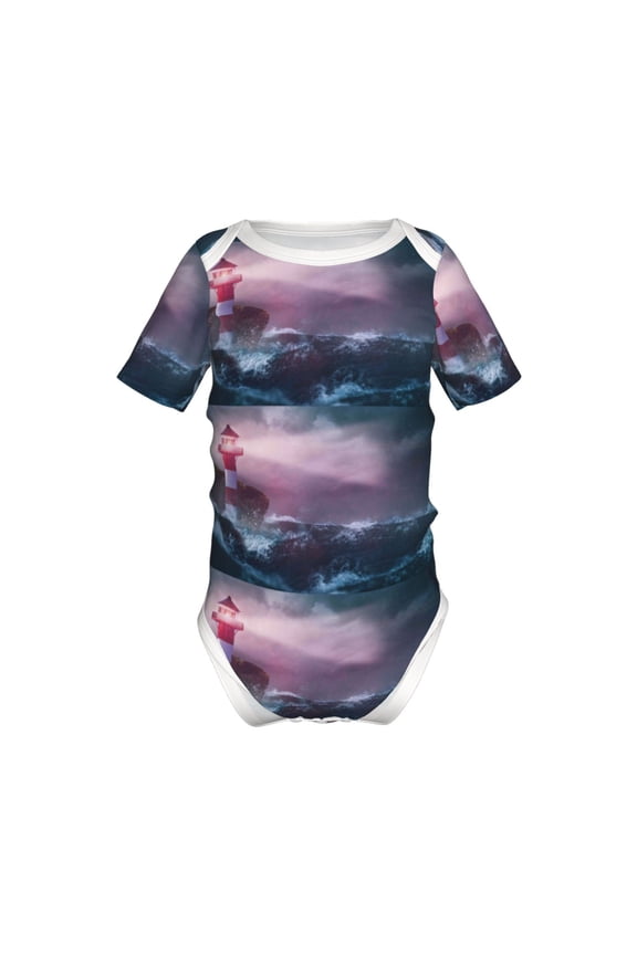 lighthouse Waves Torrential Rain Pattern Baby Climbing Bodysuit Short Sleeve Onesie Unisex 0-12 Months Baby Shirt Newborn Outfits Crotch snap design-6 Months
