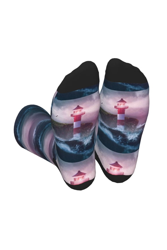 lighthouse Waves Torrential Rain Print Crew Socks for Men and Women, Men's Soft Moisture-wicking Sock