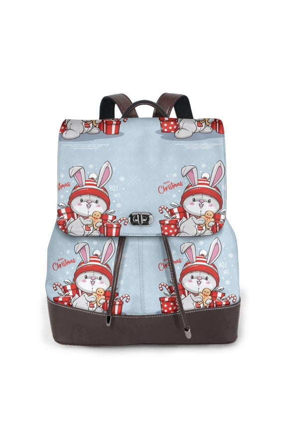 merry Christmas rabbit Print Large Backpack Soft Leather for Women Travel with Compartment, Adjustable Convertible Strap