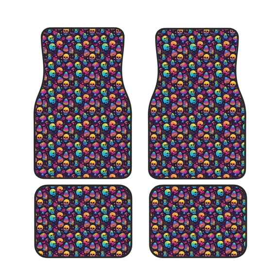 Xecao mushroom color Skull Print Car Foot Mat Set of 4 Pieces Neoprene All-Weather Dust-Proof Stain-resistantCar Interior Decorative mats Non-Slip Mats