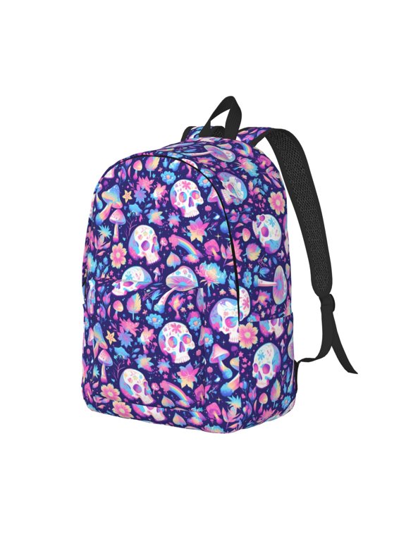 mushroom rainbow Skull cartoon Canvas College Laptop Backpack, a durable rucksack designed for both men and women, ideal for travel, school, and daily use-Small
