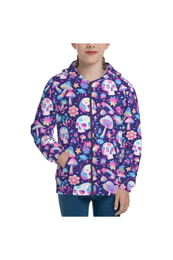mushroom rainbow Skull cartoon Pattern Zip Up Hoodies for Boys Girls, Sweatshirt with Pockets-