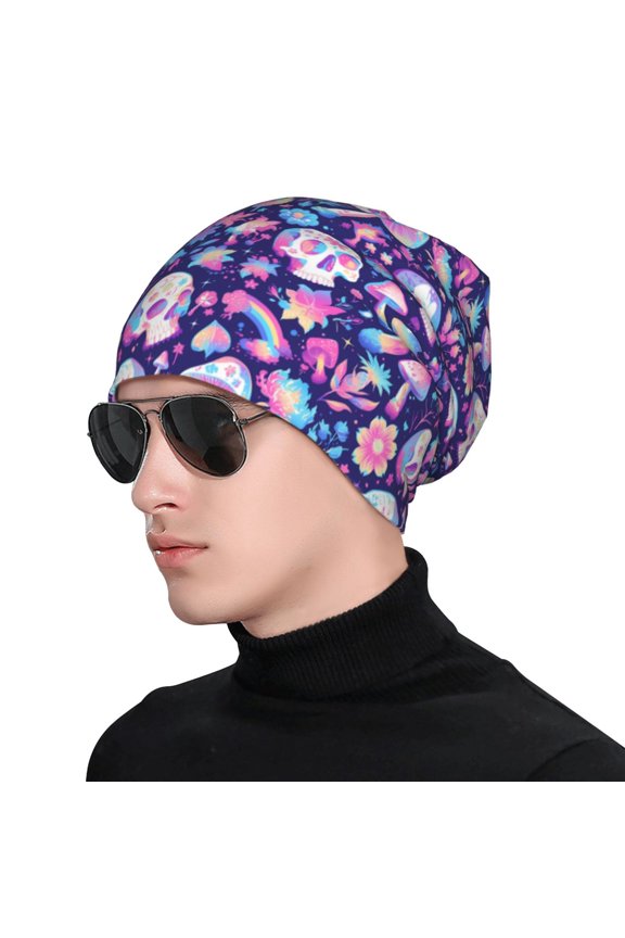 mushroom rainbow Skull cartoon Print Beanie Knitted Hat for Men Women, Winter Fashion Knit Cuffed Caps Unisex