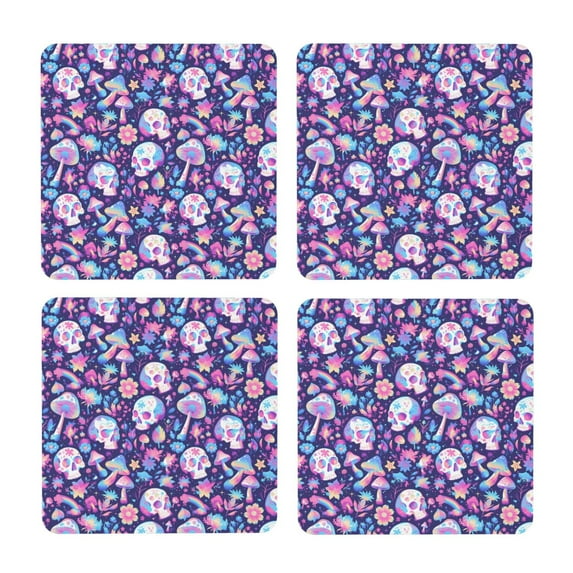 Xecao mushroom rainbow Skull cartoon for MDF Cork Coaster 4 Pcs,Drink Coasters,Suit for House Warming Gifts New Home ,Coffee Table Decor-Square