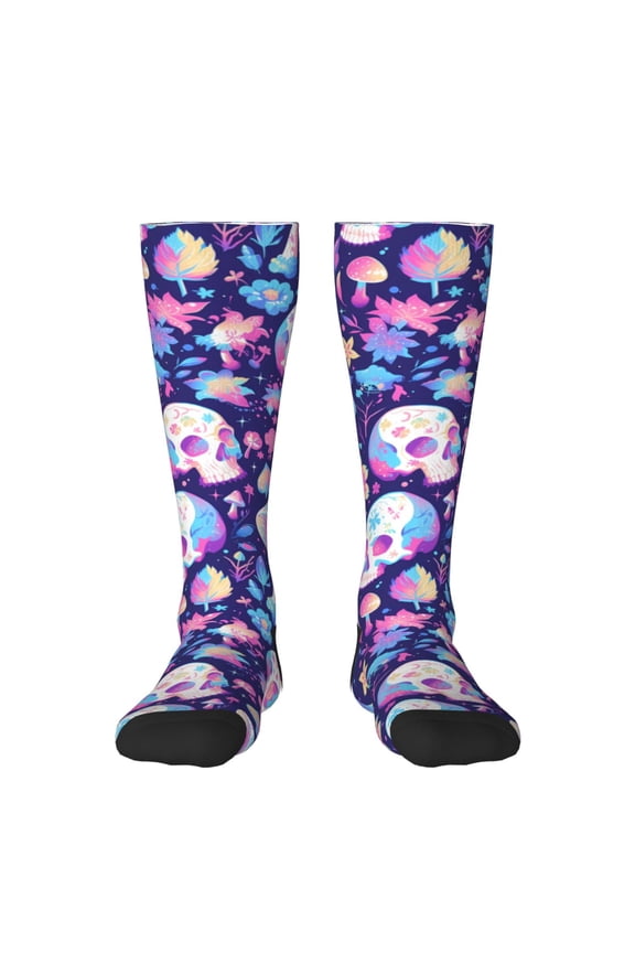 mushroom rainbow Skull cartoon print thigh-high socks, crafted for both men and women with a stretchy, high-opaque design perfect for daily wear