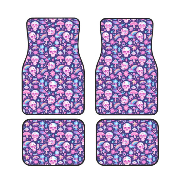 Xecao mushroom rainbow color Skull Print Car Foot Mat Set of 4 Pieces Neoprene All-Weather Dust-Proof Stain-resistantCar Interior Decorative mats Non-Slip Mats