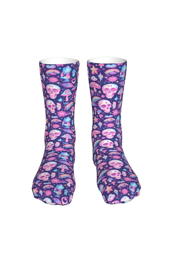 mushroom rainbow color Skull Print Fashion No Heel Casual Crew Socks Cushioned Breathable for Men Women - Moisture wicking,Not easy to fade Suitable for daily