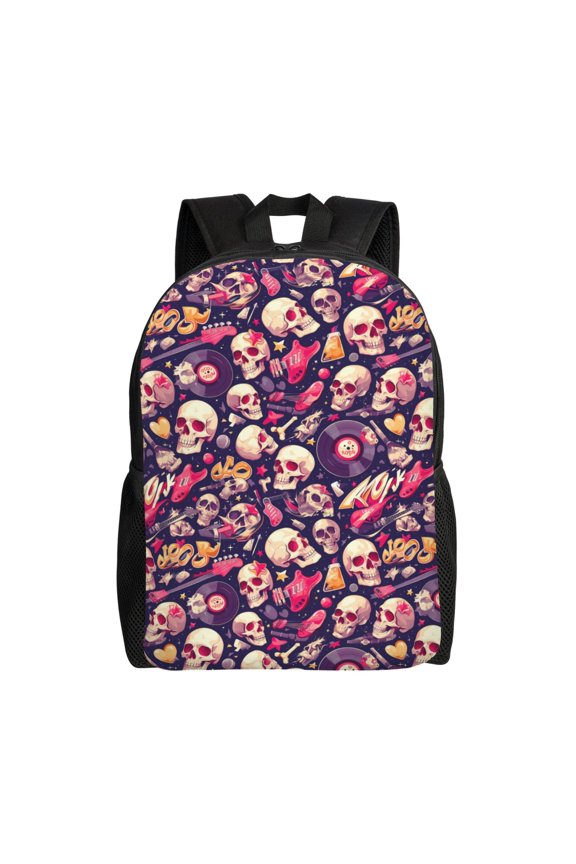 music Skull record Guitar Print School Backpack with Laptop Compartment Small Travel Laptop Backpack for Women Men Waterproof College Backpack Simple School Bag
