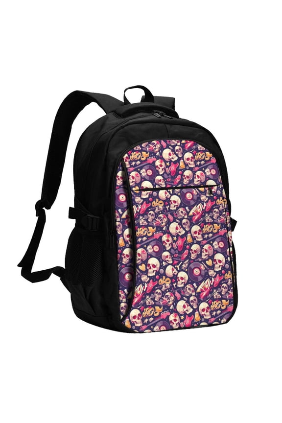 music Skull record Guitar for Travel Laptop Backpack, USB-Charging-Enabled, Spacious Business Backpack for Men and Women,College School Computer Bag