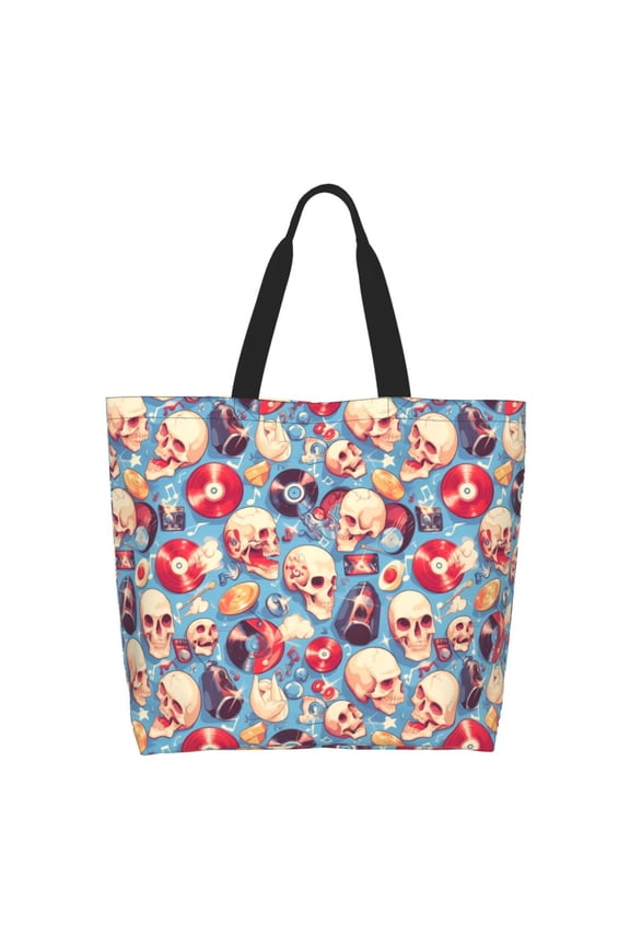 music Skull record Retro for Tote Bag for Women, Tote Shoulder Bag with a littlw pocket and Handbag for Travel, Work