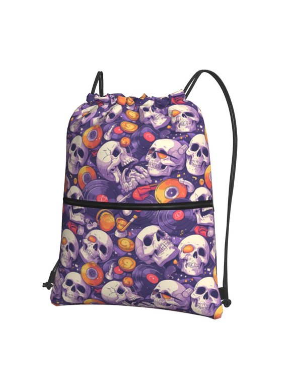 music Skull record for Drawstring Bags,Pull String Backpack Bags,String Bag Sackpack