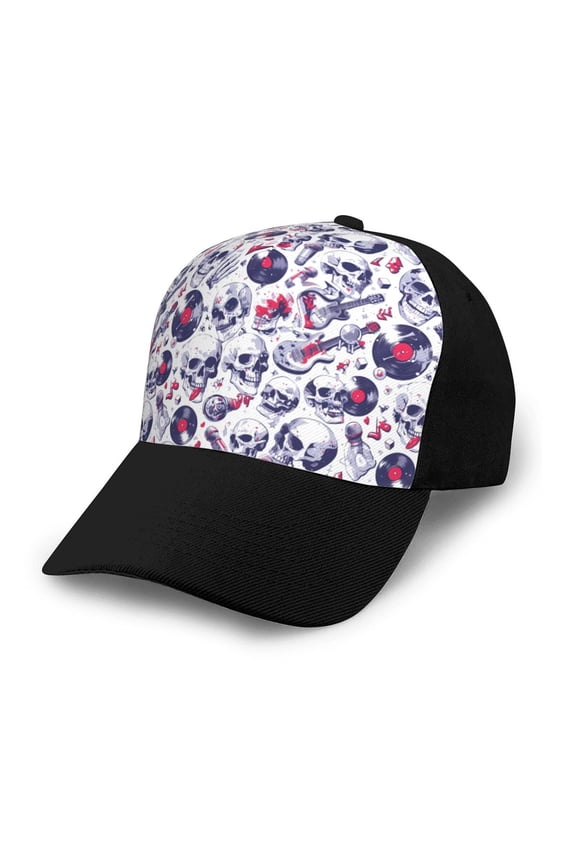 music Skull record mike print unisex vintage washed baseball cap, a soft and adjustable hat perfect for any casual style.