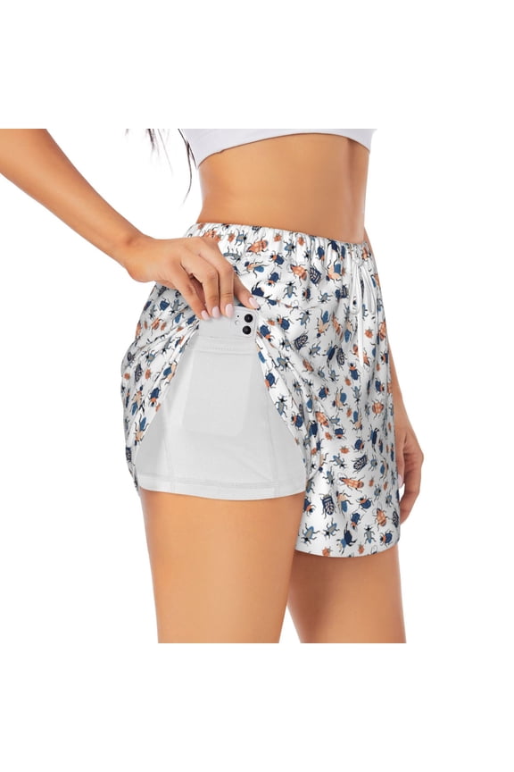 natural insects Double-Layer Running Shorts for Women, Perfect for Gym, Tennis, and More, Featuring a Convenient Pocket-Large